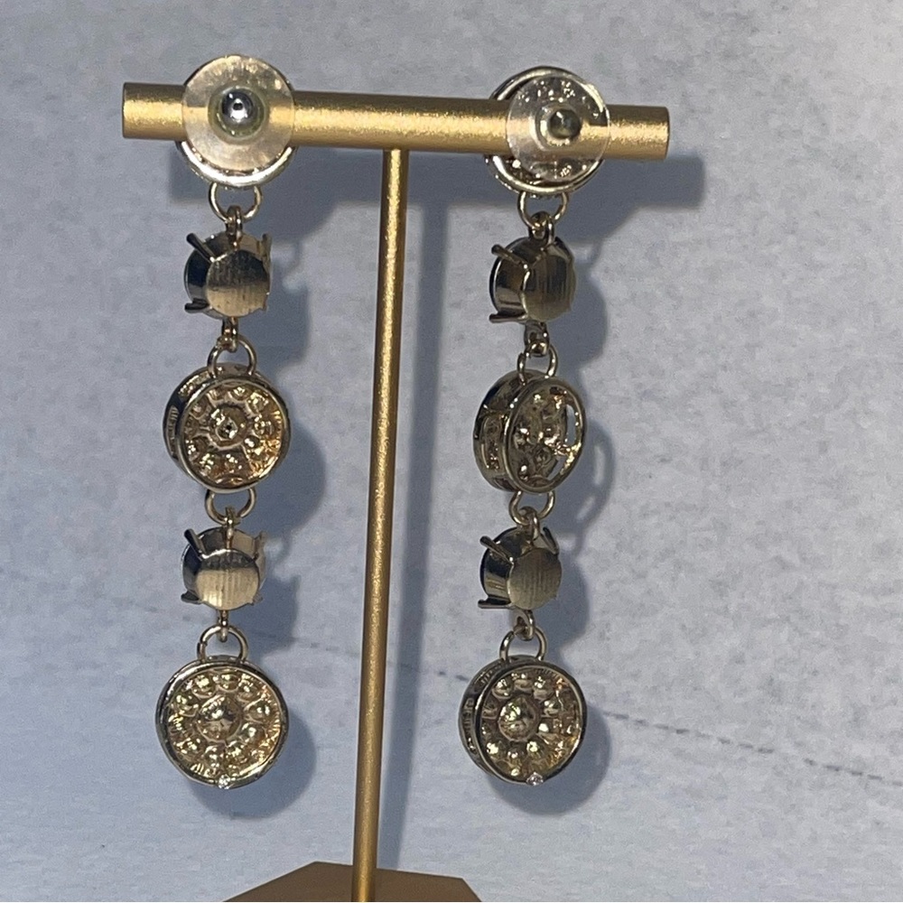 Colorful Crystal Drop Earrings | Gold Tone Statement Dangle | Vintage Glam - Picture 4 of 5